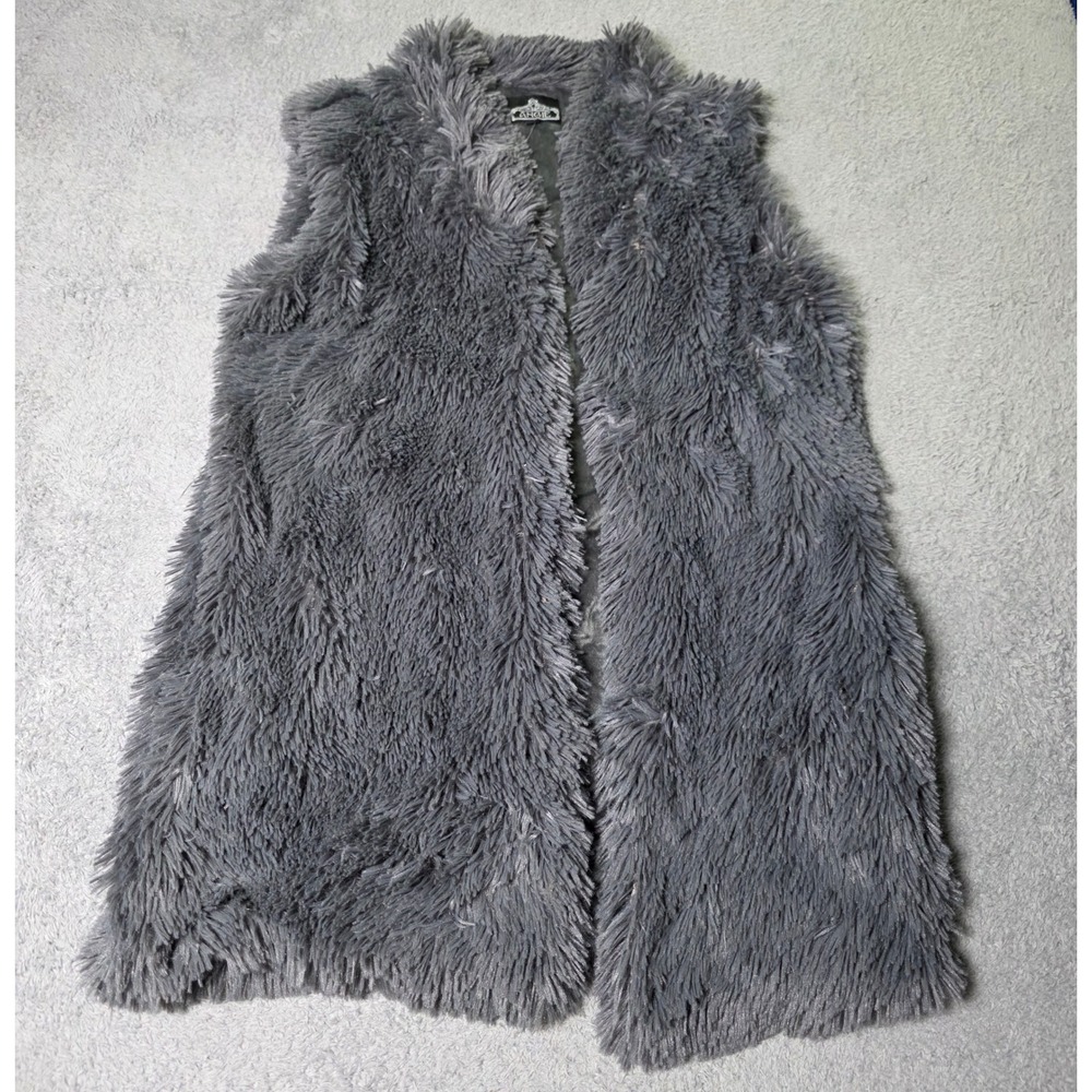 Angie Womens Small Vest Gray Shaggy Faux Fur Longline Open Front Sleeveless Boho